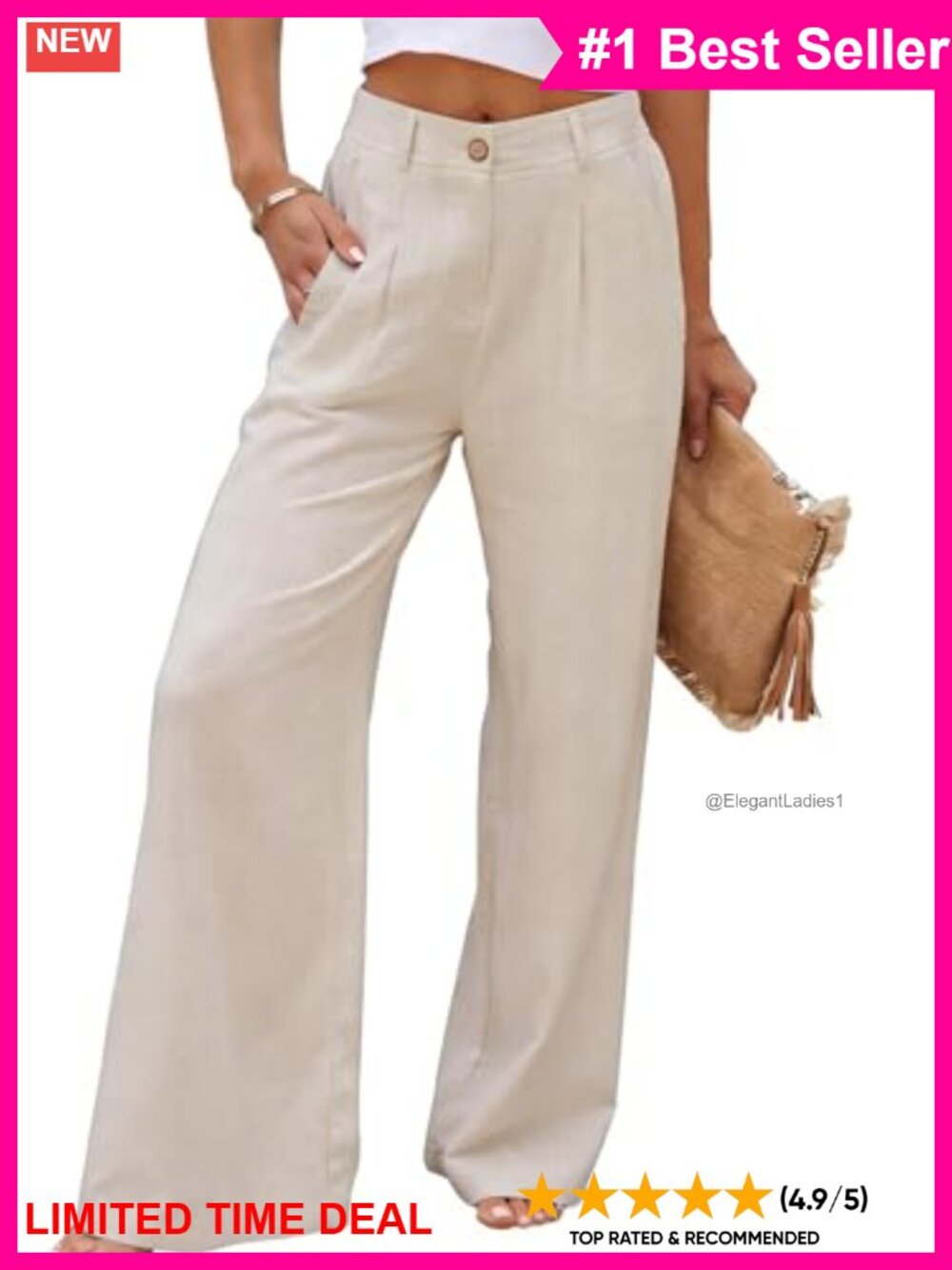 Linen Blend High Waist Wide Leg Palazzo Trousers with Pockets